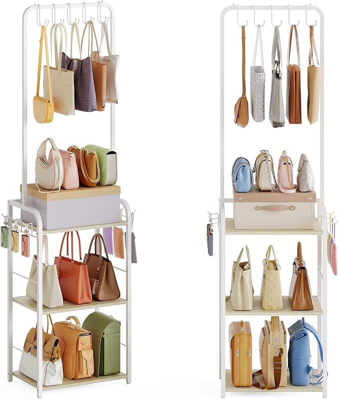 Sturdy Purse Organizer with Thick Wood & Purse Hanger, Floor-Standing Purse Rack Stand for Purse Storage, Narrow & High-Capacity Handbag Organizer, Purse Storage Organizer for Small Place