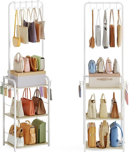 Sturdy Purse Organizer with Thick Wood & Purse Hanger, Floor-Standing Purse Rack Stand for Purse Storage, Narrow & High-Capacity Handbag Organizer, Purse Storage Organizer for Small Place