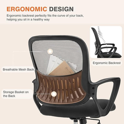 Sweetcrispy Ergonomic Mid-Back Mesh Home Office Desk Chair with Wheels, Lumbar Support, and Comfortable Armrests for Home, Bedroom, Study, Office