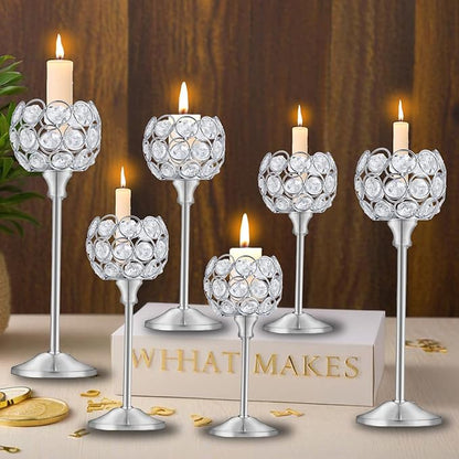 Crystal Candle Holders Set of 3 for Wedding Centerpieces Gold Or Silver Candle Holders Bulk Decorative Tealight Candle Holder for Wedding, Party,Table Centerpieces Decoration (Silver, 2 Sets(6 Pcs))