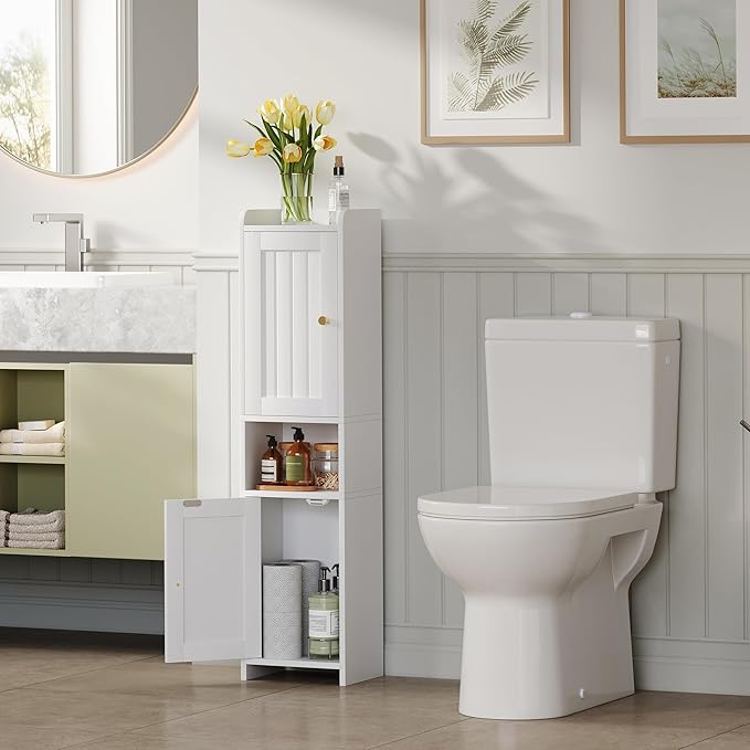 Bathroom Cabinet with 2 Doors, 7.3 x 9.8 x 40.4 Inches, Small Freestanding Storage Cabinet with Adjustable Shelf, Floor Cabinet for Small Spaces, Bathroom, Entrances, Kitchen, White