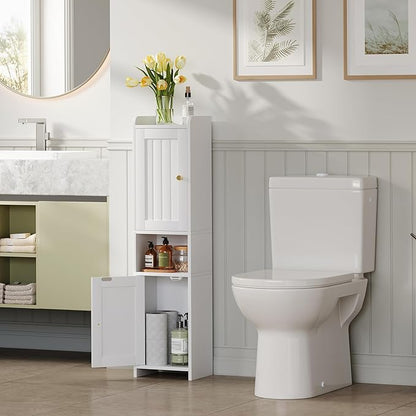 Bathroom Cabinet with 2 Doors, 7.3 x 9.8 x 40.4 Inches, Small Freestanding Storage Cabinet with Adjustable Shelf, Floor Cabinet for Small Spaces, Bathroom, Entrances, Kitchen, White