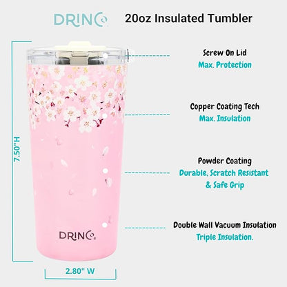 Drinco - 20 oz Stainless Steel Tumbler | Double Walled Vacuum Insulated Mug With Lid, 2 Straws, For Hot & Cold Drinks (20oz Sakura)