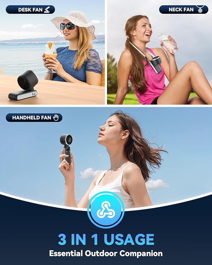Portable Handheld Turbo Fan, 5 Gear Wind, Battery Operated, Up to 12 Working Hours, 3 IN 1 Hand Fans with Air Turbo Tech Cooling Fan for Outdoor Activities, Travel, Beach (Black)