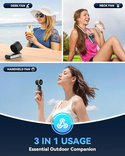Portable Handheld Turbo Fan, 5 Gear Wind, Battery Operated, Up to 12 Working Hours, 3 IN 1 Hand Fans with Air Turbo Tech Cooling Fan for Outdoor Activities, Travel, Beach (Black)