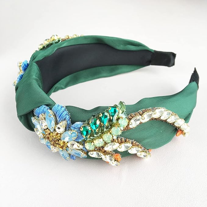 Yusier Women's Baroque Rhinestone Crystal Headbands - Embroidered Satin Hair Accessories, Exquisite Hairband in a Variety of Colors (Dark Green)