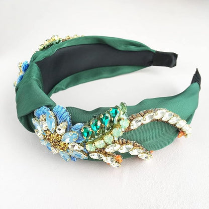Yusier Women's Baroque Rhinestone Crystal Headbands - Embroidered Satin Hair Accessories, Exquisite Hairband in a Variety of Colors (Dark Green)