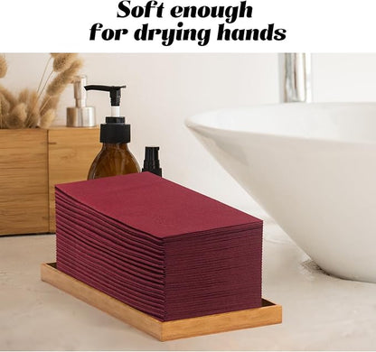 KAMMAK Burgundy Napkins Disposbale Wine Red Cloth like Paper Dinner Napkins with Pocket 100 Pack Guest Hand Towel for Party Decoration, Wedding Reception, Bathroon, Restaurant (16.5 x 16.5 inch)