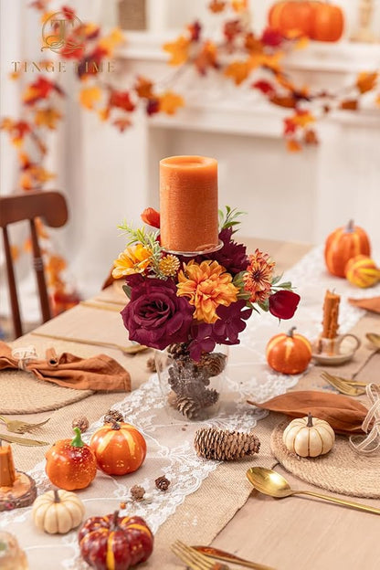 TINGE TIME Silk Fake Flowers Combo, Fake Foam Dahlia with Stems for DIY Wedding Bouquets Centerpieces Baby Shower Party Home Decorations(Burgundy & Burnt Orange)