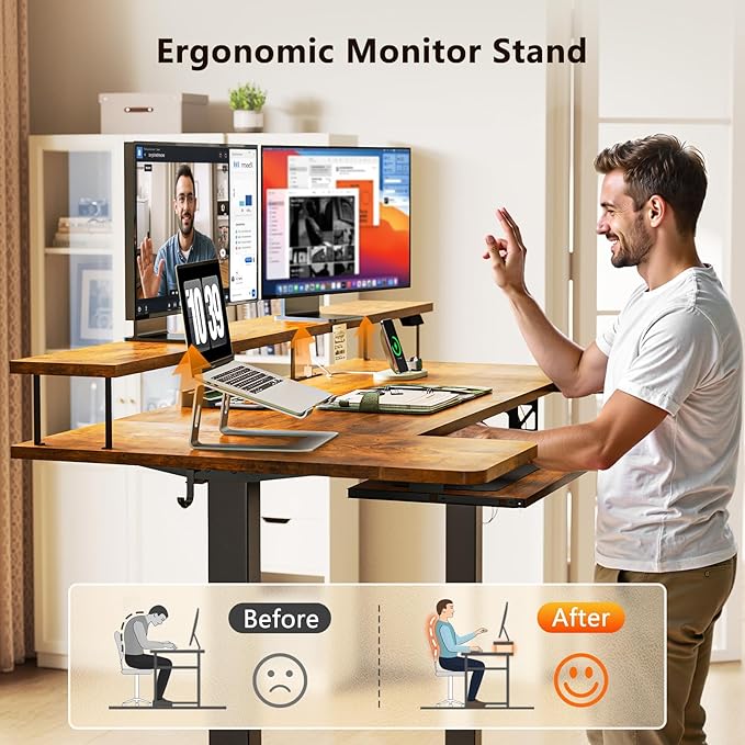 OffiGo U Shaped Electric Standing Desk with Keyboard Tray, 55 Inch Height Adjustable Desk with Power Outlets & LED Lights, Sit Stand Table with Monitor Stand for Home, Office, Rustic Brown