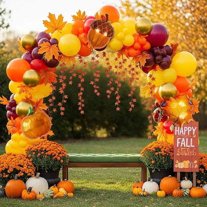 Fall Balloons Arch Garland Kit Burnt Orange Burgundy Mustard Yellow Balloon with Maple Leaf Garland Pumpkin Pine Cone Foil for Autumn Thanksgiving Harvest Birthday Baby Shower Party Decoration