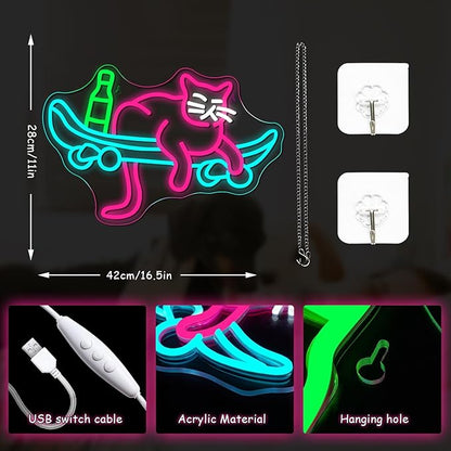 Lucunstar Skateboard Cat Neon Sign Pink Neon Signs for Wall Decor USB Connectivity Adjustable Brightness Animal Light Sign for Wall Decor Sign for Cat Lover Pet Shop