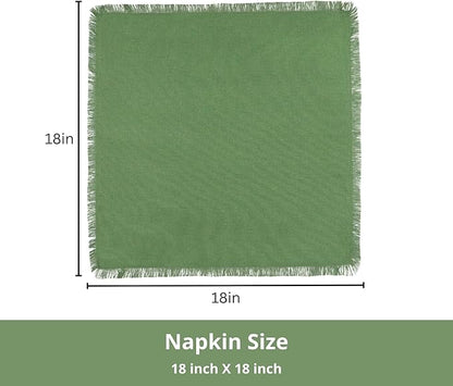 PurpleEssences Cloth Napkins with Fringes, 100% Cotton Christmas Holiday Winter Table Decor, Set of 6 18x18 Inch Reusable Dinner Napkins for Parties and Weddings - Sage Green