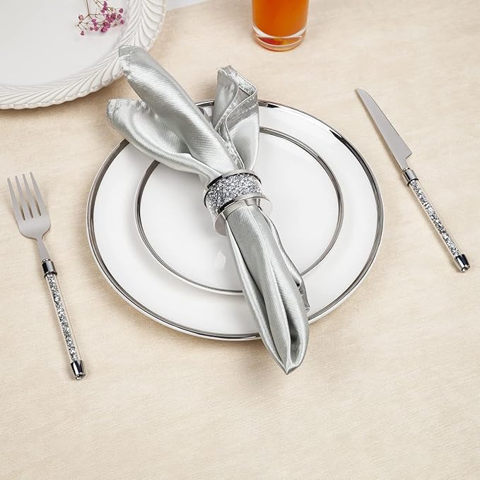 Silver Diamond Napkin Ring Glass Framed, Crystal Dinning Cloth Rings Set of 4 Piece, Glam Serviette Buckle Cloth Holder Sparkle Bling Crushed Diamond Table Decor Accessories