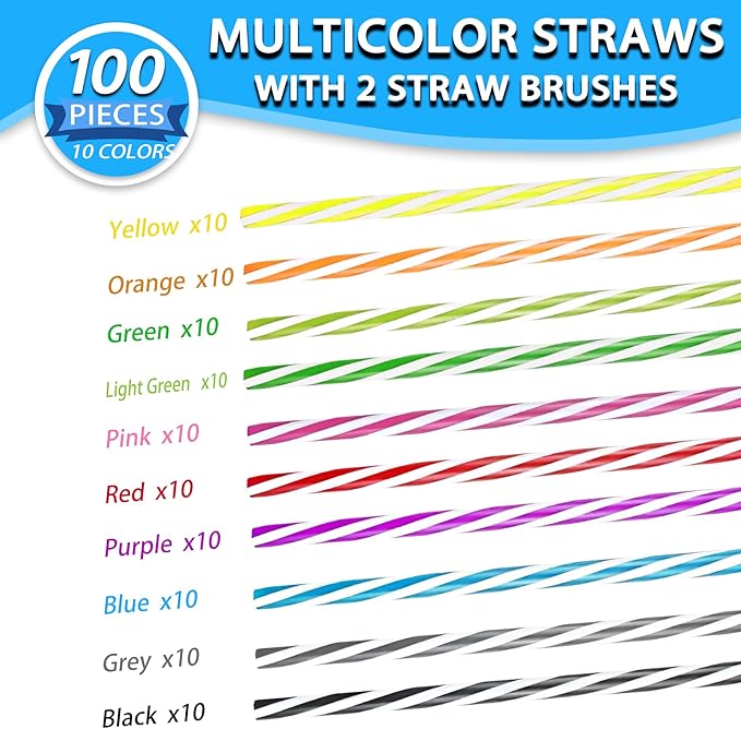 100PCS Reusable Stirrer Straws-Short Assorted Color Plastic Stripe Drinking Straws Pipes + 2 Brushes Fit for Milk & Juice & Coffee & Smoothies & Cocktail & Kids Straws Kit(Two-tone Stripe, 9 Inches)