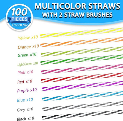 100PCS Reusable Stirrer Straws-Short Assorted Color Plastic Stripe Drinking Straws Pipes + 2 Brushes Fit for Milk & Juice & Coffee & Smoothies & Cocktail & Kids Straws Kit(Two-tone Stripe, 9 Inches)