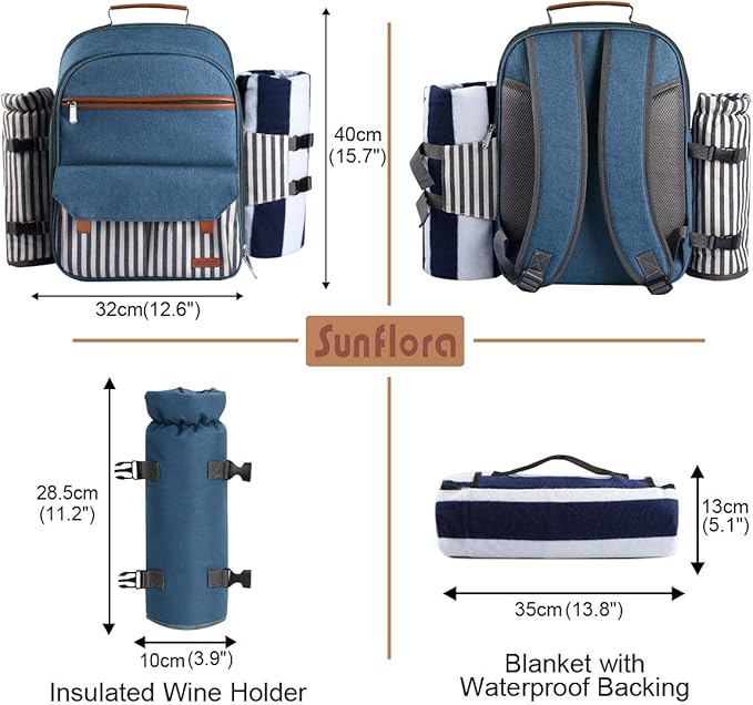 Sunflora Picnic Backpack for 4 Person Set Pack with Insulated Waterproof Pouch for Family Outdoor Camping(Blue & Stripe)