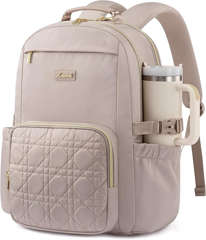 LOVEVOOK Laptop Backpack for Women with Pouch Pocket for Large Capacity Cup,17 Inch Teacher Nurse College Work Backpack Purse,Waterproof Laptop Bag Computer Back Pack for Travel, Nude+Wicker pattern