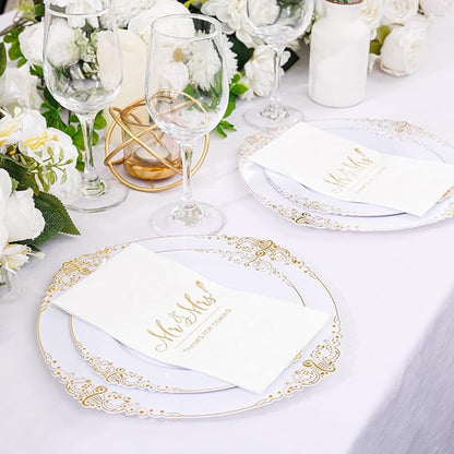 200PCS Gold Napkins - 3-Ply Mr and Mrs Napkin - Disposable Dinner Paper Napkins for Table Decorations, Ideal for Weddings, Showers, Engagement Parties