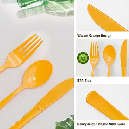 150 Pcs Orange Plastic Silverware, Orange Plastic Cutlery Disposable Includes 50 Forks, 50 Spoons, 50 Knives for Birthday, Fall Party,Halloween, Thanksgiving