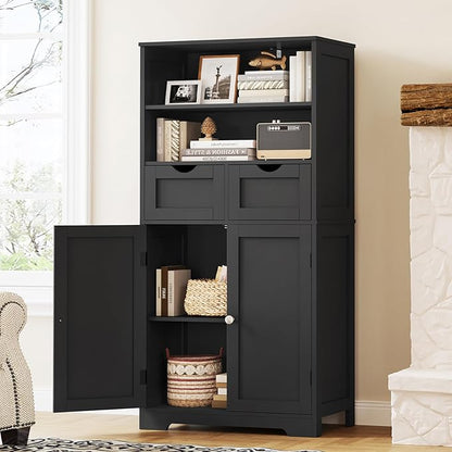 Iwell Tall Storage Cabinet, Black Storage Cabinet with 2 Drawers & Adjustable Shelves, Bathroom Cabinet for Living Room, Dining Room, Entryway, Black