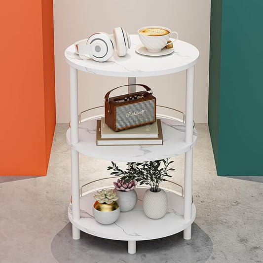 Small Nesting Coffee Table - 3-Tier Oval Accent Table for Small Spaces, Rustic Wood and Metal Couch End Table, Nightstand for Bedroom or End Table Living Room, Easy to Assemble, Marble White