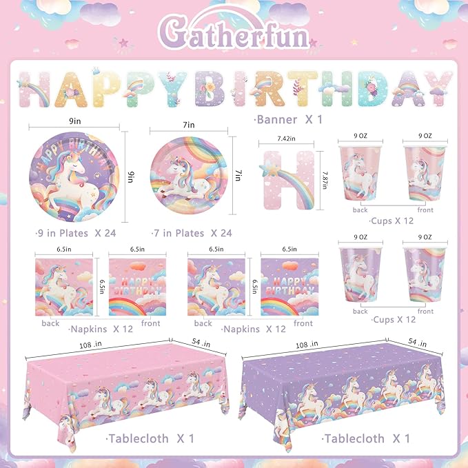 birthday Party Supplies Kit for 24 Guests - for Unicorn Birthday Decorations, Includes Dinner & Dessert Plates, Napkins, Cups, Banner and Tablecloth for Unicorn 1st Birthday Party Decorations