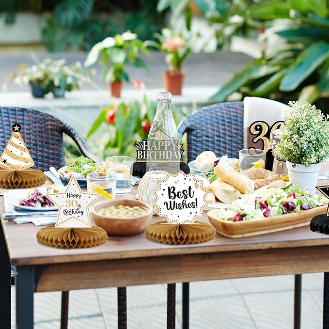 Happy 30th Birthday Decorations,30th Bday Gold Glitter Shiny Stand Honeycomb Table Centerpieces - Cheers to Thirty Years Old Birthday Party Photoprop Gift Sign.