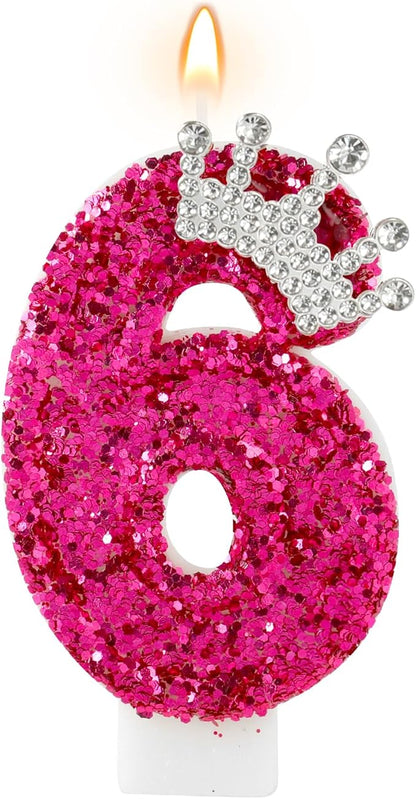 Hot Pink Birthday Candles Crown Number 6 Candle 6th Birthday Party Decorations Cake Topper Cupcake Decor for Anniversary Celebrations Supplies