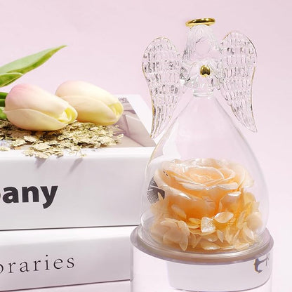 Miofula Preserved Flower Rose Birthday Gifts for Mom, Angels Figurines with Forever Real Rose Gifts for Women Mom Grandma, Angels Gifts for Valentines Anniversary Mothers Day (Pearlescent Champagne)