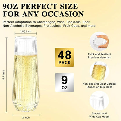 Goodluck 48pack Clear Disposable Champagne Flutes，9oz Stemless Champagne Flutes,Stemless Disposable Clear Plastic Toasting Glasses for Weddings, Birthday Parties, Family Gatherings, Bars