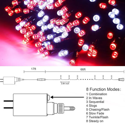 HOME LIGHTING 66ft Christmas Decorative Mini Lights, 200 LED Green Wire Fairy Starry String Lights Plug in, 8 Lighting Mode, for Indoor Outdoor Xmas Tree Wedding Party Garden Decoration (Red & White)