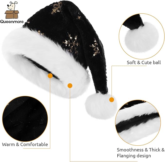 Queenmore Adult's Christmas Santa Claus Hat, Plush Santa Cap, Velvet Headwear, Lined and Fabric-Shedding Resistant