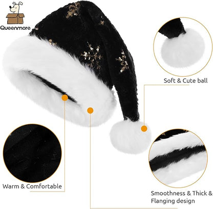 Queenmore Adult's Christmas Santa Claus Hat, Plush Santa Cap, Velvet Headwear, Lined and Fabric-Shedding Resistant