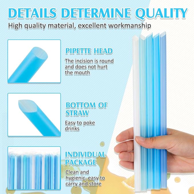 Tessco for you Jumbo Smoothie Straws Bulk Large Plastic Disposable Bubble Tea Straws Wide-Mouthed Individually Wrapped for Tall Homemade Milkshakes Drinking(9.84 Inch,Blue,600 Pcs)