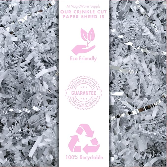 MagicWater Crinkle Cut Paper for Gift Baskets - 2LB - White & Silver - Perfect for Shredded Paper Filler, Basket Filler, Gift Boxes, Christmas Gifts, Christmas Stuffers & More – for All Occasions
