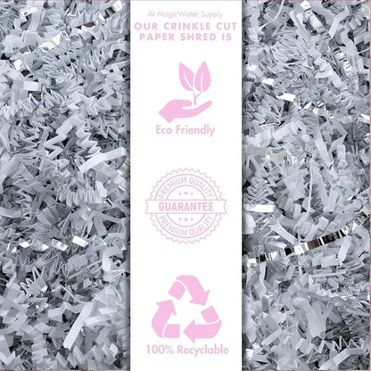 MagicWater Crinkle Cut Paper for Gift Baskets - 2LB - White & Silver - Perfect for Shredded Paper Filler, Basket Filler, Gift Boxes, Christmas Gifts, Christmas Stuffers & More – for All Occasions