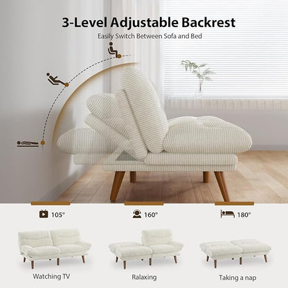 Pipishell Futon Sofa Bed, 66 Inch Corduroy Futon Couch Convertible with Adjustable Backrest and Armrests, Recliner Sleeper Sofa for Small Spaces, Living Room, Office, Guest Room (White, 66 Inch)