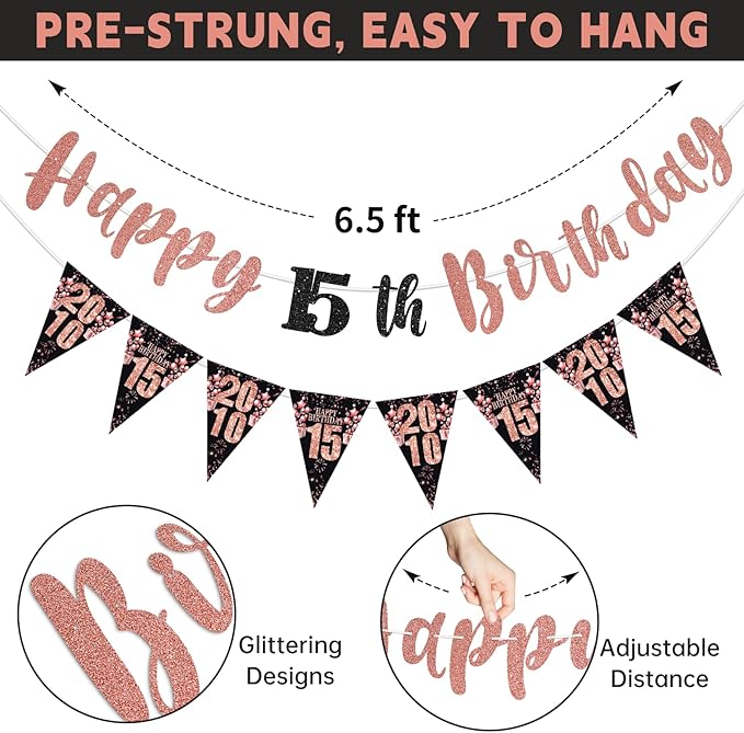 15th Birthday Decorations for Girls, Black Rose Gold Happy 15th Birthday Banner Hanging Swirls Vintage 2010 Birthday Decorations Kit Hello 15 Party Supplies
