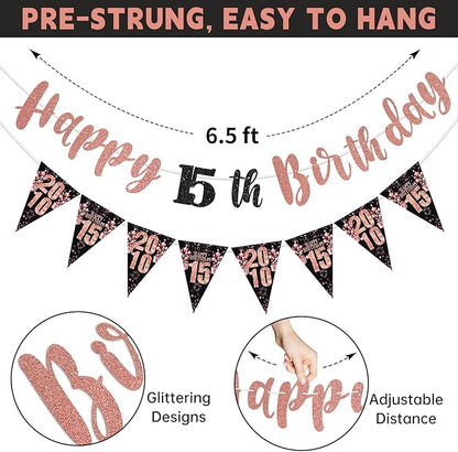 15th Birthday Decorations for Girls, Black Rose Gold Happy 15th Birthday Banner Hanging Swirls Vintage 2010 Birthday Decorations Kit Hello 15 Party Supplies