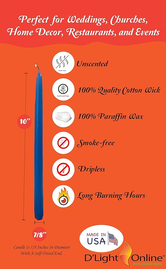 D'light Online Elegant 10" Unscented Medium Royal Blue Taper Candles, Premium Quality Hand-Dipped Tapered Candles, Dripless and Smokeless - Set of 12 Individually Wrapped (10 Inch, Medium Blue)