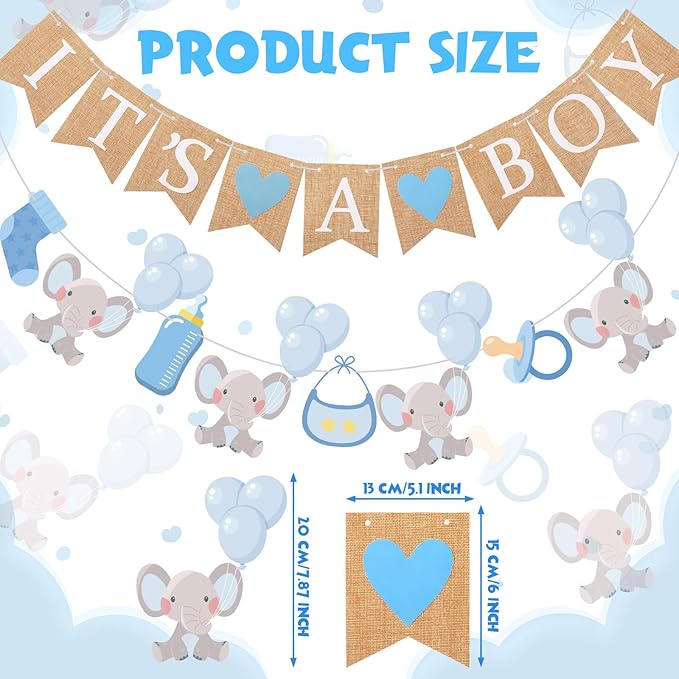 2 Pcs Baby Boy Shower Decorations Pre-Strung It's A Boy Burlap Banner and Elephant Baby Banner for Gender Reveal Birthday Shower Party Decorations