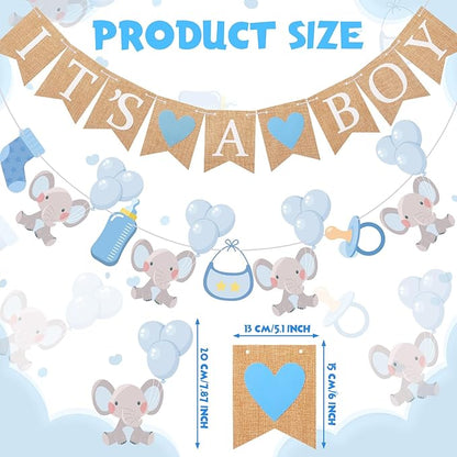 2 Pcs Baby Boy Shower Decorations Pre-Strung It's A Boy Burlap Banner and Elephant Baby Banner for Gender Reveal Birthday Shower Party Decorations