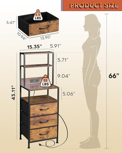 WLIVE Tall Nightstand with 3 Fabric Drawers, Night Stand with Charger Station and Open Shelves, LED Nightstand, Bed Side Table for Bedroom, Living Room, Rustic Brown