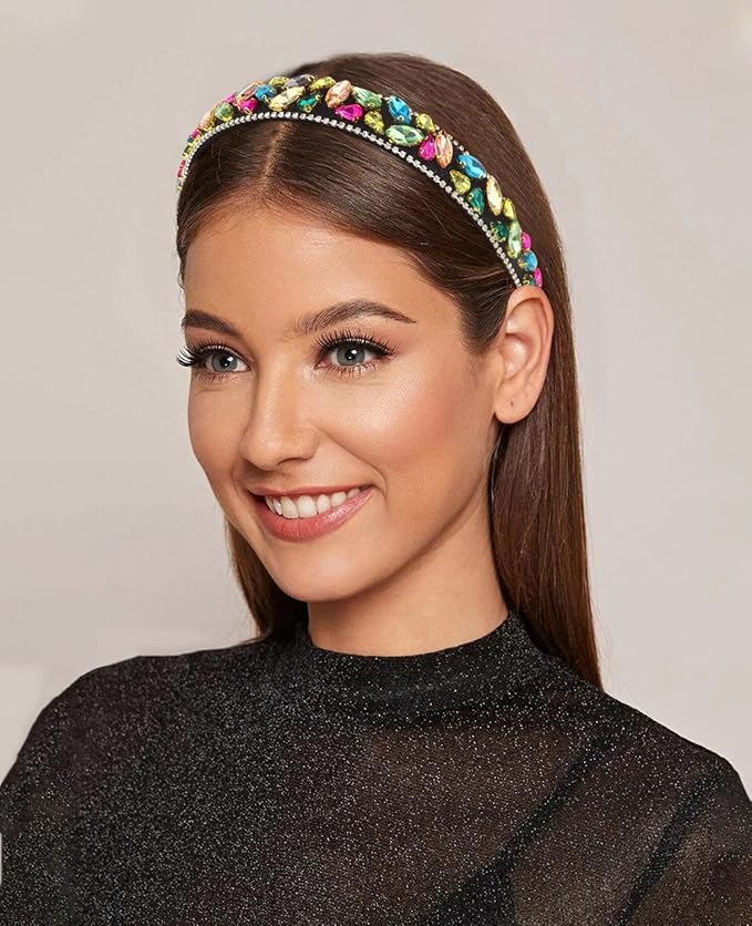 Wecoe Rhinestone Headband Women Vintage Multi-colored Non Slip Fashion Bling Sparkly Diamond Headband Halloween Renaissance Costume Hair Accessories For Women Girls Holiday Birthday Gift
