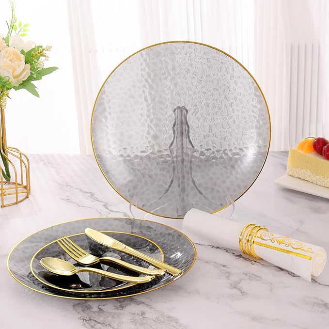 150 Pcs Black and Gold Plates Disposable for Party - Elegant Black Plastic Plates Fancy Disposable Dinnerware for Birthday Party New Year (25 Guests)