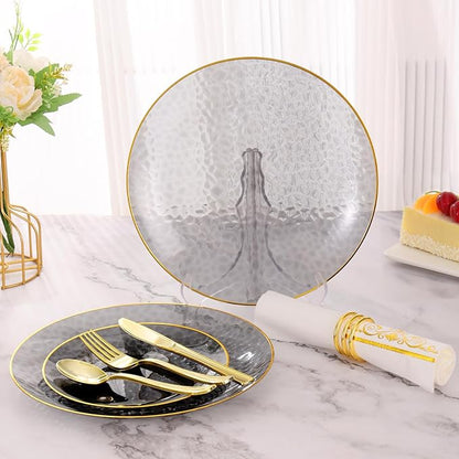 150 Pcs Black and Gold Plates Disposable for Party - Elegant Black Plastic Plates Fancy Disposable Dinnerware for Birthday Party New Year (25 Guests)