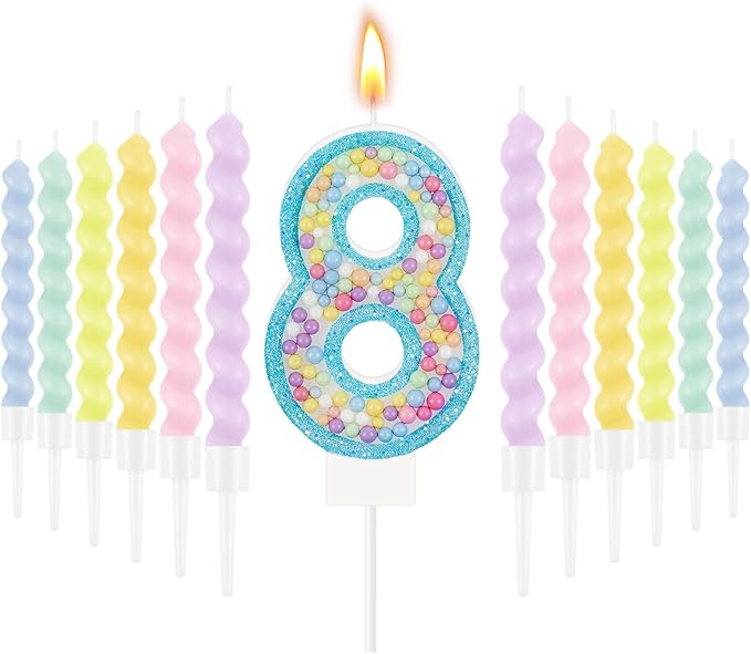 MTLEE Number 8 Birthday Candle with 12 Pcs Spiral Candles for Girls Macaron Pastel Rainbow Unicorn Pink Cake Topper for Sweet Theme Party Decoration