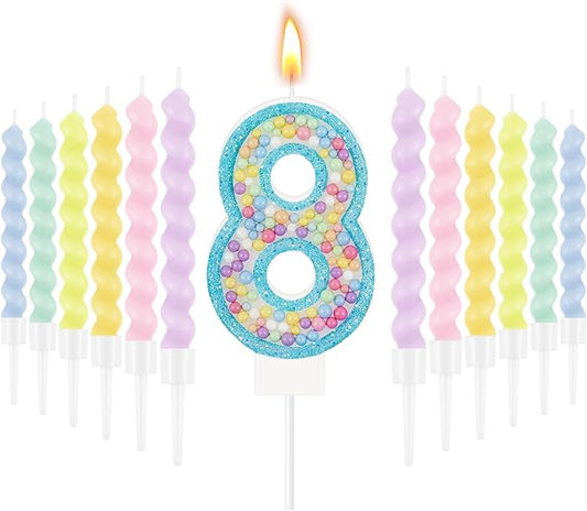 MTLEE Number 8 Birthday Candle with 12 Pcs Spiral Candles for Girls Macaron Pastel Rainbow Unicorn Pink Cake Topper for Sweet Theme Party Decoration