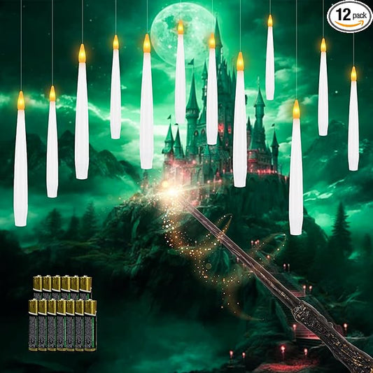 12 PCS Floating Candles with Wand LED Magic Hanging Candle Battery Operated Candle with 13 Batteries Include Flickering Warm Light Floating Candles for Christmas Halloween Decoration